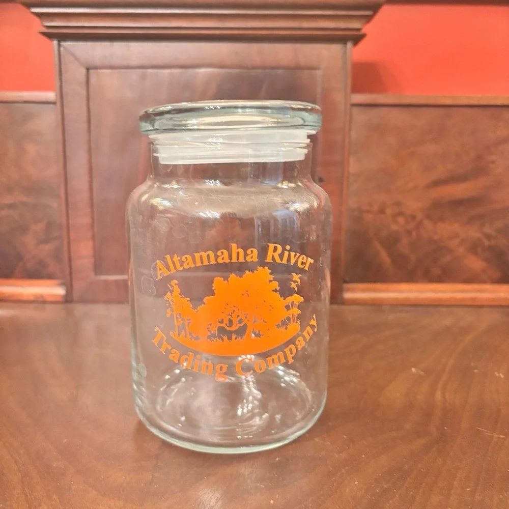 Vintage Altamaha River Trading Company Glass Canister Jar Orange Logo Lid
